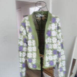 Madeline Green and White Cardigan with Geometric Pattern